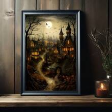 1pc Old Village With Pumpkins, Castle Landscape Halloween Countryside Print, Farmhouse Dark Academia, Cottage Decor, Vintage Poster, Gothic Canvas Painting, Gothic Halloween Decor, No Frame - Multicolor - View 3