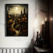 1pc Old Village With Pumpkins, Castle Landscape Halloween Countryside Print, Farmhouse Dark Academia, Cottage Decor, Vintage Poster, Gothic Canvas Painting, Gothic Halloween Decor, No Frame - Multicolor - View 2