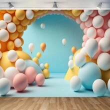 1 pieza Material de fondo fotográfico de paño de temática de cumpleaños de primer año del coche con globos coloridos