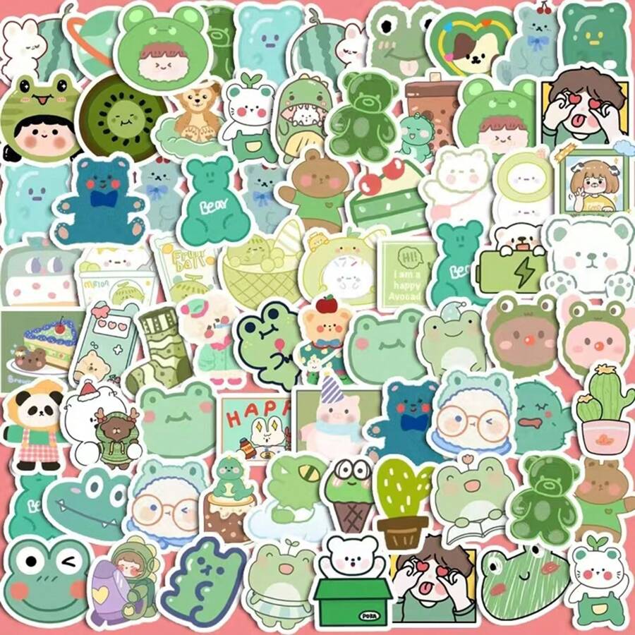 100Pcs Green Bear Rabbit Cute Anime/Cartoon Characters Vinyl Waterproof Sticker Gifts Water Bottle Cartoon Laptop Bumper Water Bottle Computer Phone Helmet Car And Stickers - Multicolor - View 1