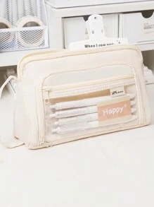1pc Large Capacity Clear Macaron Portable Transparent Stationery Pen Bag, Fabric Convenient Multi-Layer Desktop Stationery Storage Bag, Can Be Used To Store Pen Ruler Notes, Etc., Campus Series Zipper Large Opening Multi-Functional Pencil Case Cosmetics Storage Bag,Pencil Pouch,School Bag