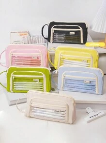 1pc Large Capacity Clear Macaron Portable Transparent Stationery Pen Bag, Fabric Convenient Multi-Layer Desktop Stationery Storage Bag, Can Be Used To Store Pen Ruler Notes, Etc., Campus Series Zipper Large Opening Multi-Functional Pencil Case Cosmetics Storage Bag,Pencil Pouch,School Bag