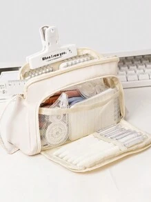 1pc Large Capacity Clear Macaron Portable Transparent Stationery Pen Bag, Fabric Convenient Multi-Layer Desktop Stationery Storage Bag, Can Be Used To Store Pen Ruler Notes, Etc., Campus Series Zipper Large Opening Multi-Functional Pencil Case Cosmetics Storage Bag,Pencil Pouch,School Bag