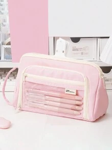 1pc Large Capacity Clear Macaron Portable Transparent Stationery Pen Bag, Fabric Convenient Multi-Layer Desktop Stationery Storage Bag, Can Be Used To Store Pen Ruler Notes, Etc., Campus Series Zipper Large Opening Multi-Functional Pencil Case Cosmetics Storage Bag,Pencil Pouch,School Bag