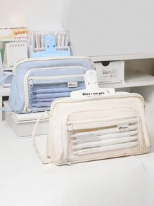 1pc Large Capacity Clear Macaron Portable Transparent Stationery Pen Bag, Fabric Convenient Multi-Layer Desktop Stationery Storage Bag, Can Be Used To Store Pen Ruler Notes, Etc., Campus Series Zipper Large Opening Multi-Functional Pencil Case Cosmetics Storage Bag,Pencil Pouch,School Bag