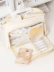 1pc Large Capacity Clear Macaron Portable Transparent Stationery Pen Bag, Fabric Convenient Multi-Layer Desktop Stationery Storage Bag, Can Be Used To Store Pen Ruler Notes, Etc., Campus Series Zipper Large Opening Multi-Functional Pencil Case Cosmetics Storage Bag,Pencil Pouch,School Bag