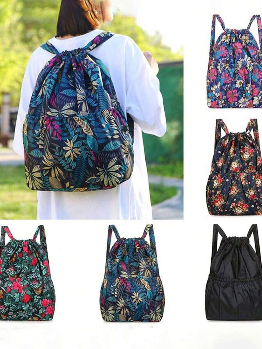 Vibrant Floral Patterned Nylon Drawstring Backpack - Spacious Portable Storage Rucksack With Polyester Lining, No-Closure Design, And Stylish Casual Daypack For Women Outdoor Adventures(Random Pattern)