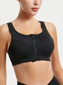 Sujetador deportivo de mujer con efecto push-up, espalda cruzada, cremallera delantera, a prueba de choques para gimnasio y correr - Negro - Ver 4