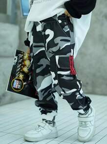 Young Boy Black & White Camouflage Multi-Pocket Cargo Pants, Summer - Black and White - View 6