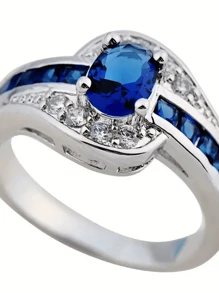Anillo de banda de zirconia azul ovalado, anillo de boda elegante súper brillante, decoración de joyas