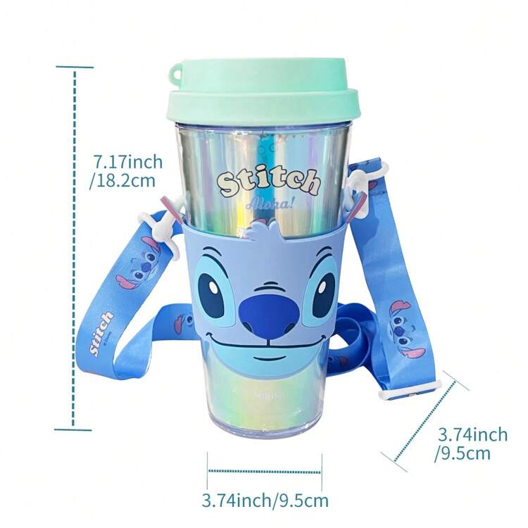 Miniso Vaso de agua de plástico de la serie Disney Stitch Angel de 420 ml - Botella de agua con taza, mangas y correa de moda de dibujos animados para niñas, para uso deportivo, al aire libre y escolar - Azul - Añade 10