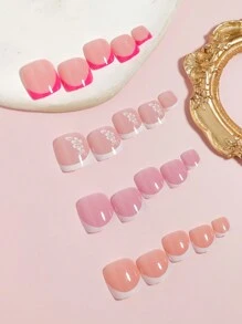 VV MEI JIA ER 96片装混合装，包含4种不同法式设计的短方形按压式脚趾甲，全覆盖，4片亮面假脚趾甲，法式设计，夏季美甲套装，适合女性和女孩，包含可重复使用的收纳盒，美甲用品 - 彩色 - 查看 3