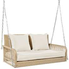 Sweiko Sweiko Gartenschaukel, Gartenmöbel-Set für den Außenbereich, Beiges Rattan, beiges Sitzkissen, 2 Sitze, mit Sitzkissen und Rückenkissen, abnehmbar und waschbar