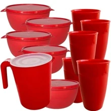 Conjunto 5 Potes Bowl 1000ml + 1 Jarra + 5 Copos Plástico Alta Qualidade, Durável, Aptos Para freezer e Micro-ondas - Vermelho - Visão 1