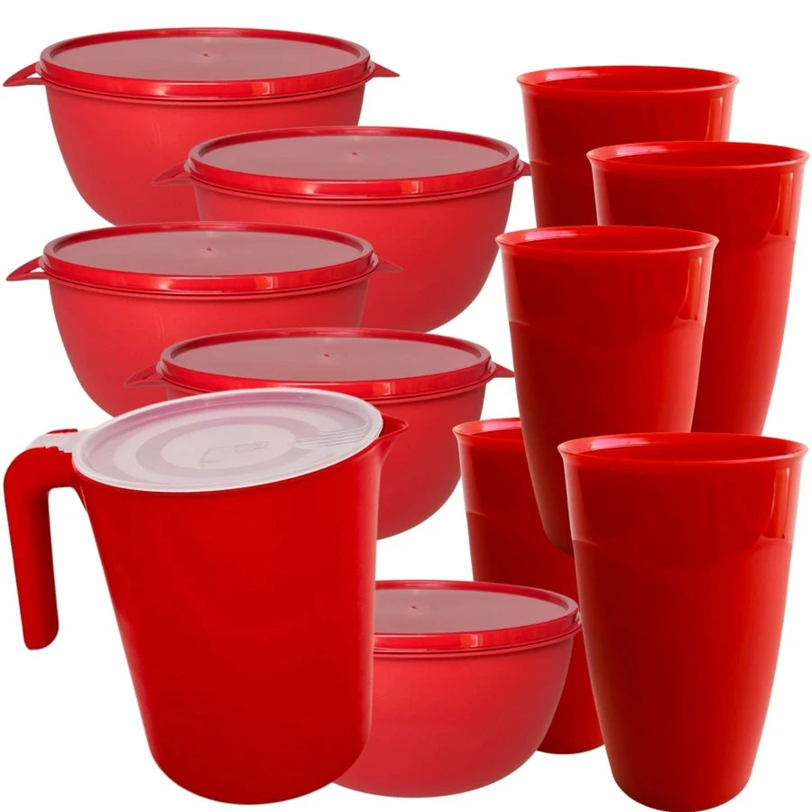 Conjunto 5 Potes Bowl 1000ml + 1 Jarra + 5 Copos Plástico Alta Qualidade, Durável, Aptos Para freezer e Micro-ondas - Vermelho - Visão 1