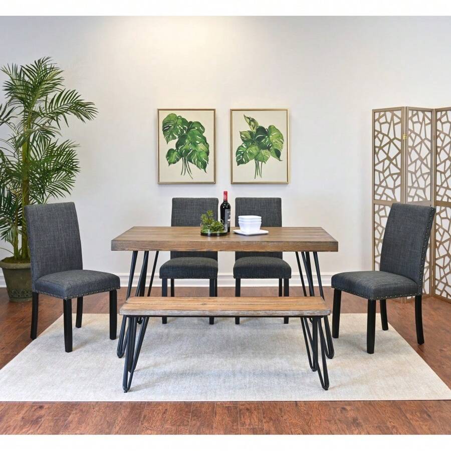 Amisos 6-Piece Dining Set, Hairpin Dining Table With 4 Chairs And A Wood Bench, 3 Color Options - 棕色 - 查看 1