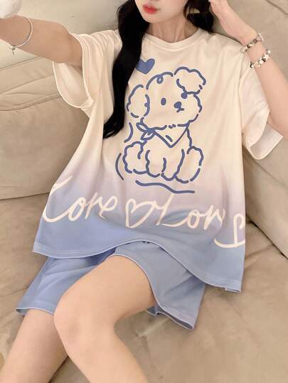 Pure Slumber 2pcs Women's Ombre Small Dog Print Pajama Set With Short Sleeve T-Shirt And Shorts,Two Pieces Set Outfit