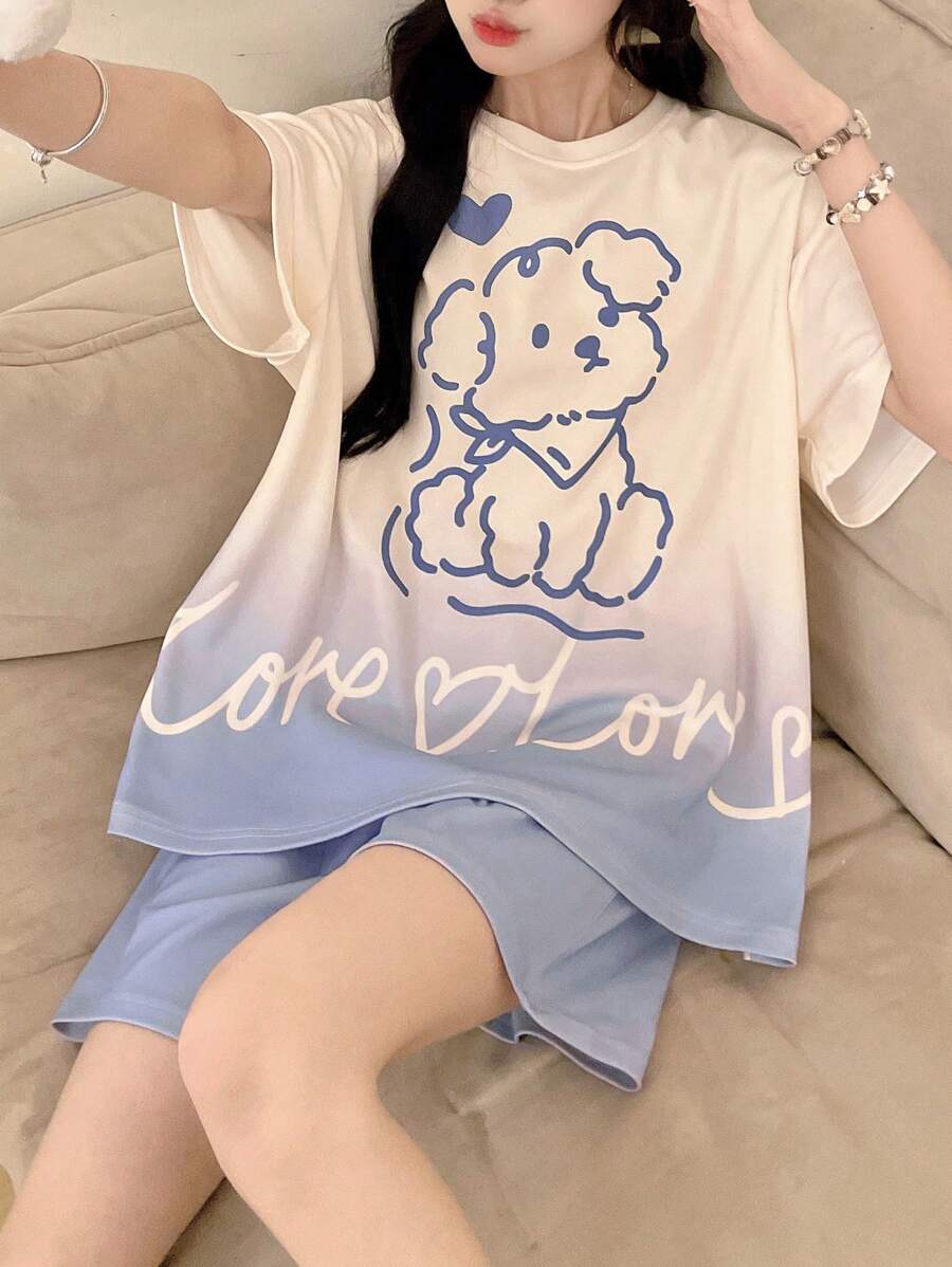 2 件女式渐变色小狗印花睡衣套装，含短袖 T 恤和短裤，两件套服装 - 杏色 - 查看 1