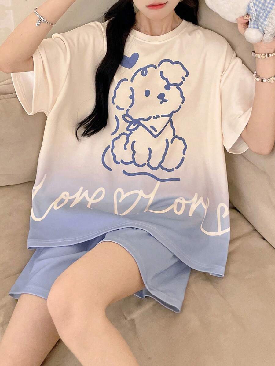 Cartoon Cute Rabbit Print Short Sleeve Top And Plaid Shorts Pajama Set, 2-Piece Loungewear For Women - Apricot - View 1