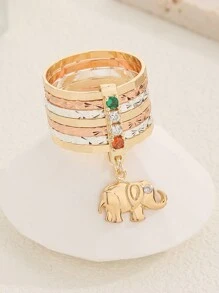 1pc Tricolor Elephant Pendant Ring With Seven Loops, Suitable As A Gift For Friends And Besties. Perfect For Women's Daily Wear And Festive Occasions.