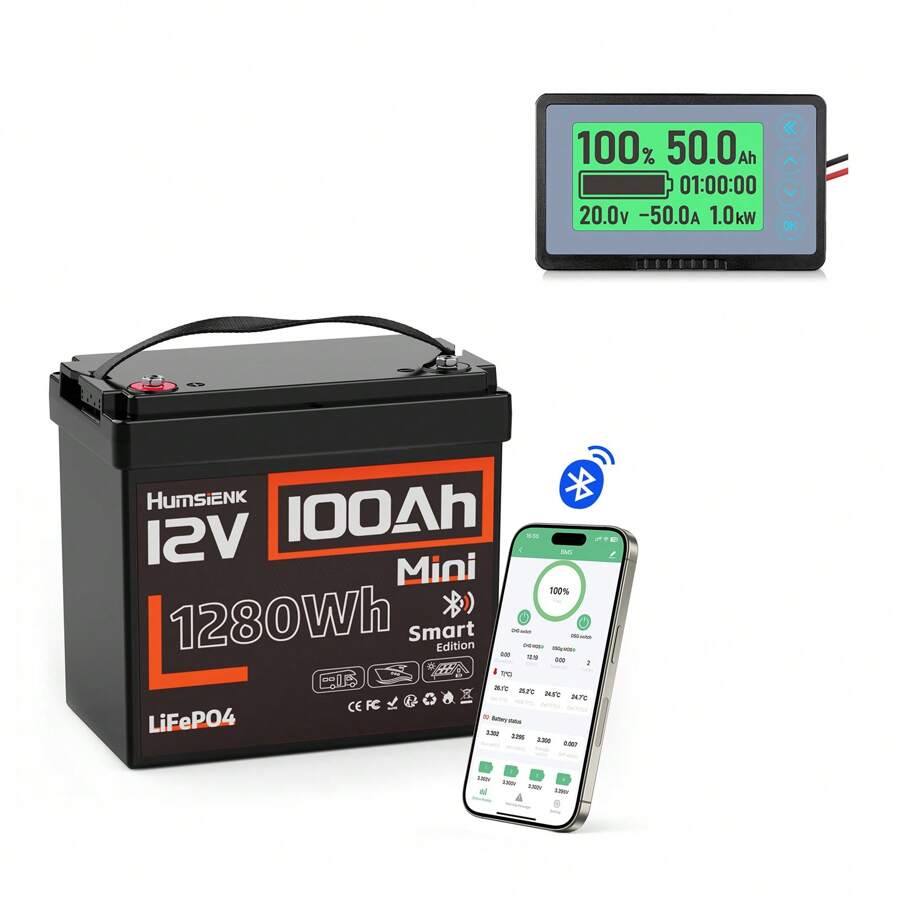 Humsienk A 12V 100Ah Mini BT LiFePO4 Battery Featuring A 350A Battery Monitor, Capable Of Up To 20,000 Cycles, And Delivering 1280W. This Compact Lithium Battery Includes Bluetooth Functionality, A 100A BMS, A Low-Temperature Cutoff, And A Mobile Phone App To Monitor The Battery's State Of Charge (SOC) Data - HS12V100AH100MINIBT & 350A 監視器 - 查看 1