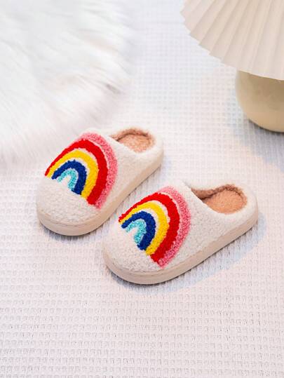 Girls' Cute Rainbow Multicolor Plush Slippers For Indoor & Outdoor Wear, Toddler/Kids, Autumn/Winter