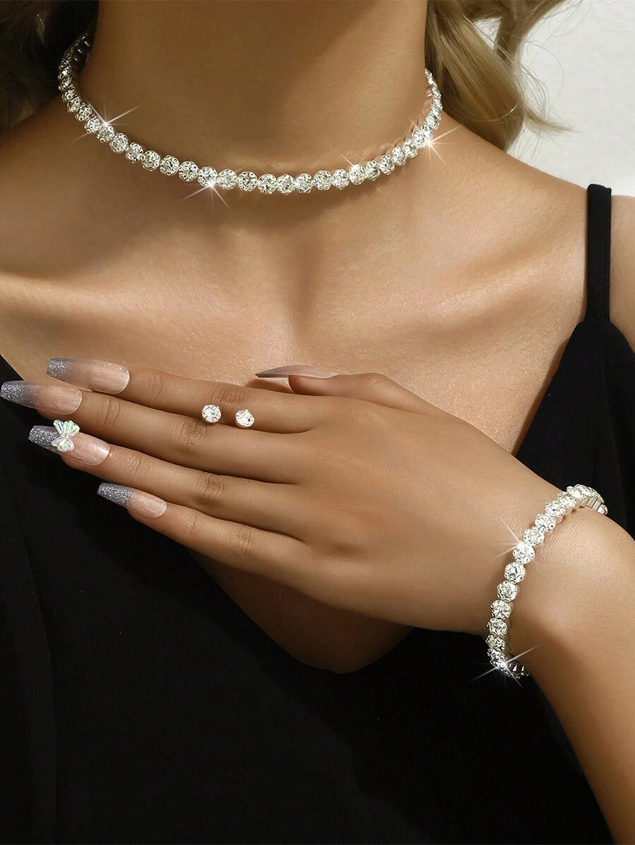 4pcs Women's European And American Fashion Wedding Set Fashion Earrings Necklace Bracelet Rhinestone Bridal Claw Chain Wedding Party Birthday Gift - Silver - View 1