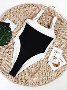Bikinx Women's Leisure One-Piece Swimsuit With Color Block Spaghetti Strap Vest Design Summer - Black and White - View 2