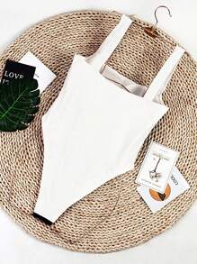 Bikinx Women's Leisure One-Piece Swimsuit With Color Block Spaghetti Strap Vest Design Summer - Black and White - View 3