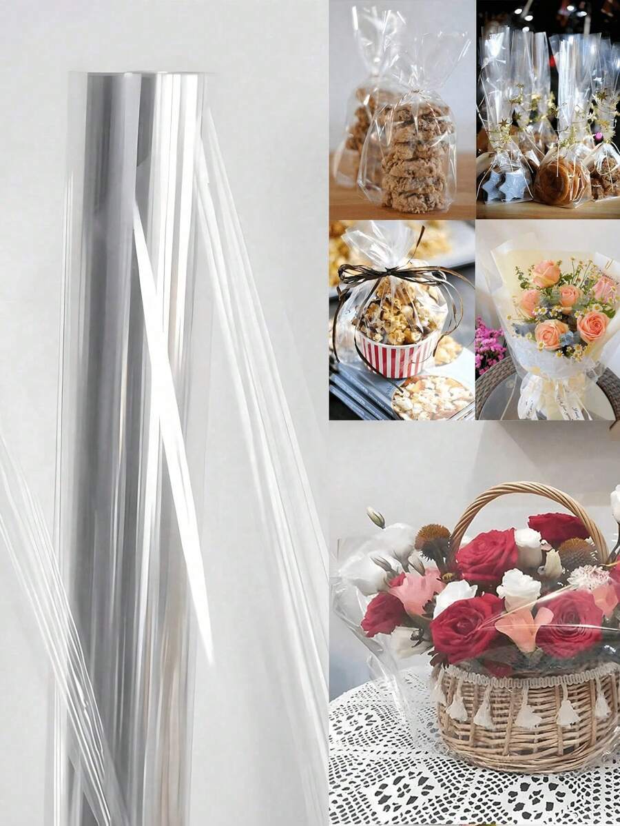 1个透明鲜花包装袋，防水玻璃纸，OPP卷膜印刷，防尘塑料袋，加厚水果花篮包装纸卷，适用于各种包装内衬，情人节 - 無色 - 查看 1