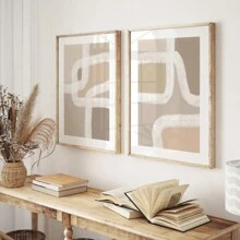2 套中性版画，米色抽象墙面艺术，极简主义家居装饰，客厅抽象几何中性色块条纹版画，无框，帆布，海报礼物生日毕业 - 米色 - 查看 1