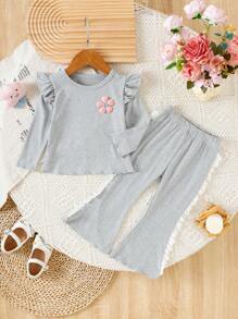 2pcs Baby Girls' Round Neck Cap Sleeve Top And Lace Flare Pants Set - Grey - View 1