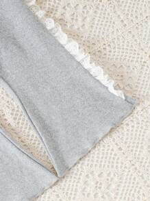 2pcs Baby Girls' Round Neck Cap Sleeve Top And Lace Flare Pants Set - Grey - View 4