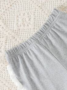2pcs Baby Girls' Round Neck Cap Sleeve Top And Lace Flare Pants Set - Grey - View 3