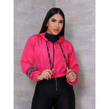 Women's Neon Windbreaker Jacket Coat Tactel Hat Promotion - 玫紅色 - 查看 2