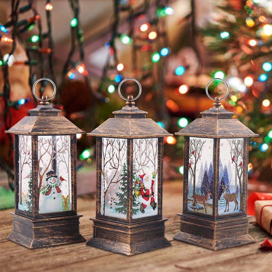 3pcs Christmas Lantern Candlestick Light Nightlight Old Man Snowman Decoration Nightlight Table Decoration Christmas Decorations, Halloween, Halloween Decoration - 3pcs - View 1