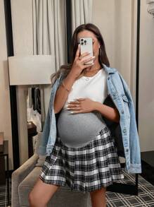 Maternity Plaid Print Pleated Skirt - Multicolor - View 2