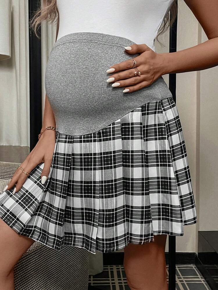 Maternity Plaid Print Pleated Skirt - Multicolor - View 4