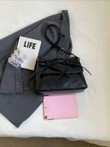 Bow Decor 1pc Black Drawstring Pleated Bowknot Decor Pu Material Flap Zippered Shoulder Bag With Adjustable Strap, Suitable For Daily Commuting Outfits Use