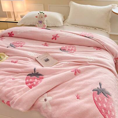 1 pieza Manta de felpa, suave y amigable para la piel, con estampado rosa de fresa, manta versátil de varios tamaños, adecuada para el sofá de la sala de estar y la cama del dormitorio
