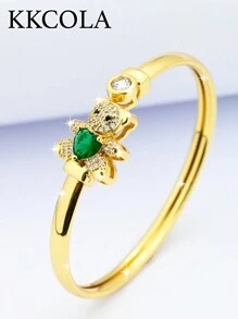 KKCOLA 1 件时尚可爱绿熊锆石开口袖口手链，送给爱人、母亲的珠宝礼物，日常搭配的流行配饰