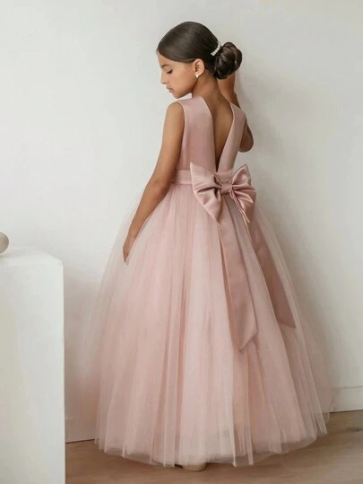 Tween Girl Bow Decor Mesh Patchwork Elegant Party Princess Dress, Suitable For Girls Birthday Party, Wedding, Flower Girl, Bridesmaid, Formal Occasion