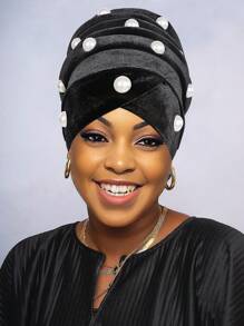 Awegeo Women's African Zahra Style Cap, Luxury African Design, Crossover Forehead Velvet Fashionable Scarf Cap For Formal Occasions