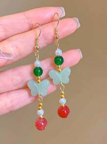 一對優雅時尚的中國古風蝴蝶吊墜耳環，適合女性日常居家、海邊度假、約會旅行、晚餐、返校季、畢業季佩戴，是假日禮物和派對禮物的不二之選。 - 綠色 - 查看 3