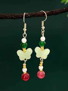 一對優雅時尚的中國古風蝴蝶吊墜耳環，適合女性日常居家、海邊度假、約會旅行、晚餐、返校季、畢業季佩戴，是假日禮物和派對禮物的不二之選。 - 綠色 - 查看 2