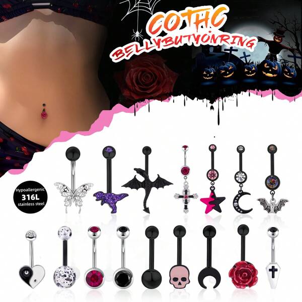 Morlyda 1pc Punk Gothic Cross Bat Skull Belly Rings Rose Moon Belly Button Rings Clear CZ 14G 316L Stainless Steel Butterfly Navel Piercing Yin Yang Bagua Navel Nail Heart Shaped Dinosaur Navel Rings Belly Bar Dangle Belly Piercing Jewelry Girls Sister Halloween Belly Piercing Jewelry Best Friend Gifts Valentines,Mom,Mother,Mother's Day,Gift
