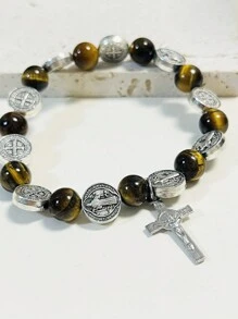 1pc Vintage  Saint Benedict Natural Stone Bead, Tiger Eye Cross Alloy Pendant, Prayer Beads Bracelet For Men