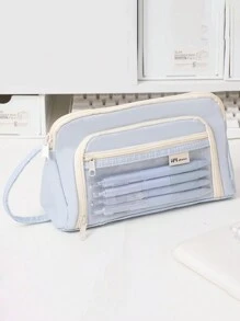 1pc Large Capacity Clear Macaron Portable Transparent Stationery Pen Bag, Fabric Convenient Multi-Layer Desktop Stationery Storage Bag, Can Be Used To Store Pen Ruler Notes, Etc., Campus Series Zipper Large Opening Multi-Functional Pencil Case Cosmetics Storage Bag,Pencil Pouch,School Bag