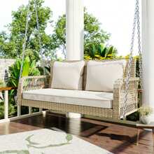 Sweiko Sweiko Gartenschaukel, Gartenmöbel-Set für den Außenbereich, Beiges Rattan, beiges Sitzkissen, 2 Sitze, mit Sitzkissen und Rückenkissen, abnehmbar und waschbar