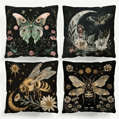4pcs, Luxurious Vintage Celestial Pattern Decorative Pillowcase - Zipper Closure, 100% Polyester, Moon Phase & Floral Print, Occult Butterfly & Bee Design - Ideal For Sofa, Bed, Car, Living Room Decoration